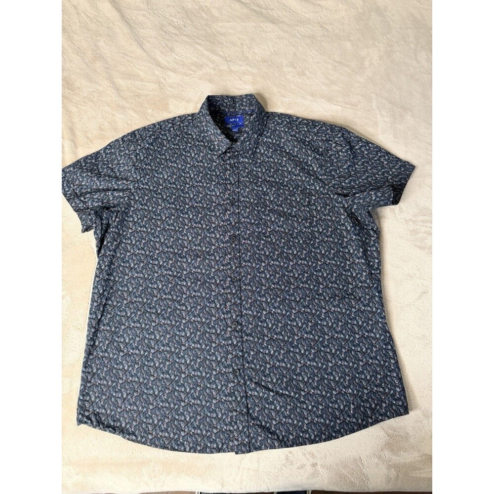 APT 9 Mens XXL 100% Cotton Button Front Shirt Short Sleeve Blue Paisley Print